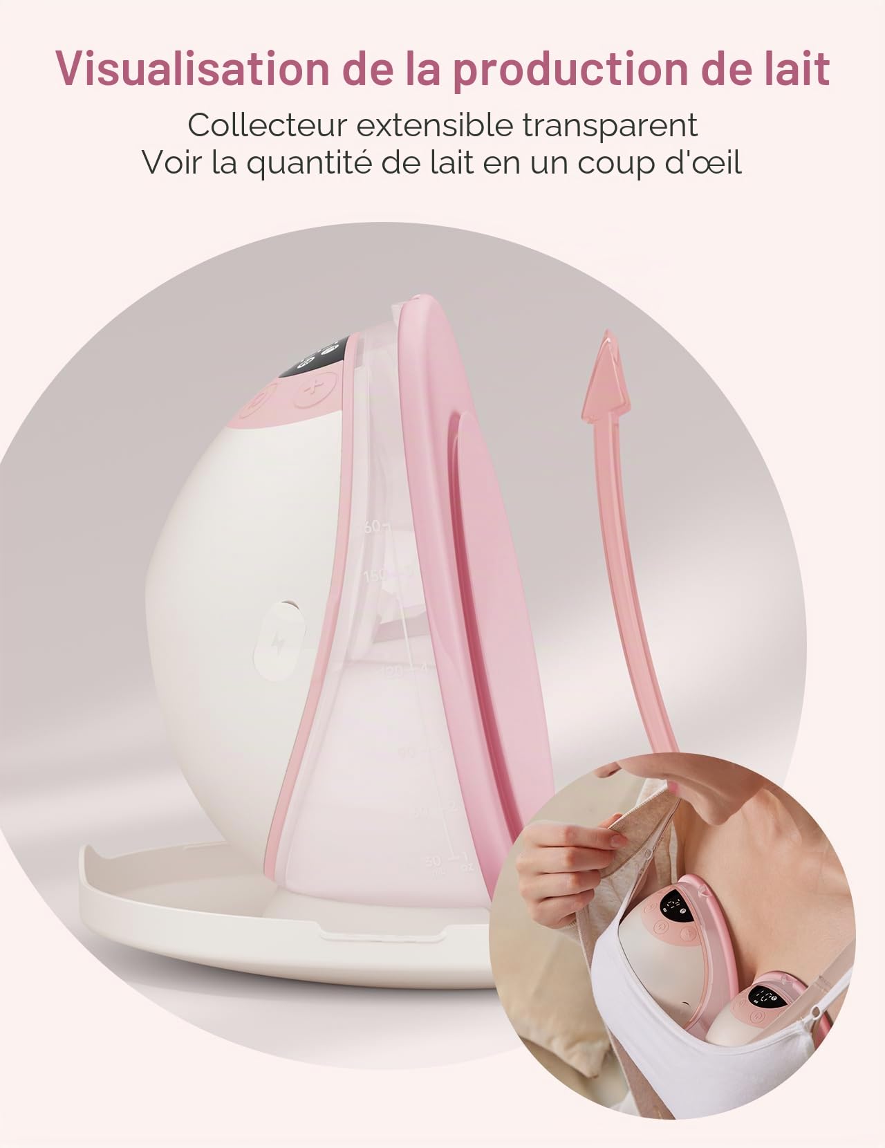 Paruu P20 Tire Lait Electrique Main Libre, Tire-Lait Portable avec 4 Modes et 12 Niveaux, Bride à Double Étanchéité de 19/21/24 mm, Visualisation du Temps et de la Quantité de Lait (1, Rose)