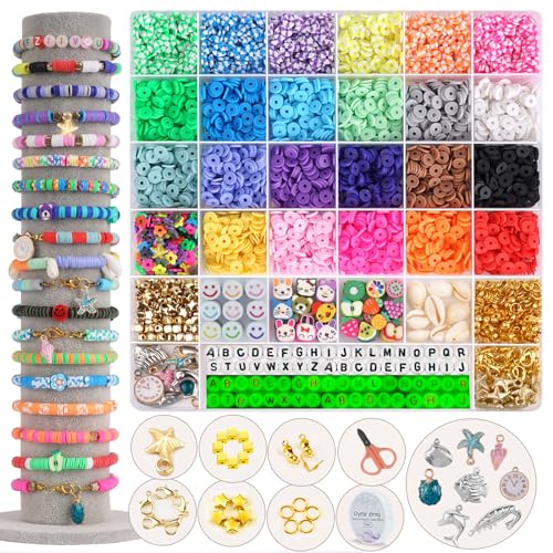 FZIIVQU 6100 Pcs Clay Beads Set for Jewelry Making - 24 Colors of Flat Heishi Beads, Polymer Clay, UV Letter Beads, and Bracelet Kit