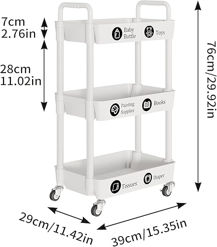 Miniatura 6 de Laiensia Carrito Rodante de 3 Niveles con Ruedas, Carritos de Almacenamiento de Utilidad Multifuncional, Organizador de Almacenamiento de Cocina,