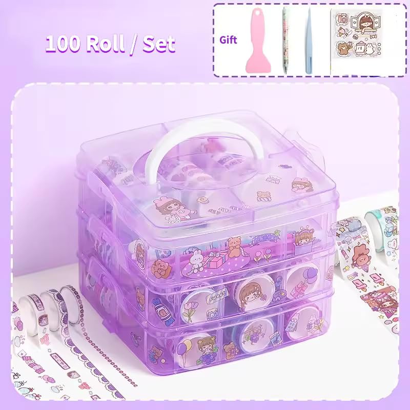 Image of Washi Tape Set - 100 Pcs Designer Decorative Masking Tapes with 20 Pcs Kawaii Stickers, Tweezer, Pen and Spatula in 3 Layer Box, Tapes for DIY Art & Crafts, Wrapping (Multicolor)