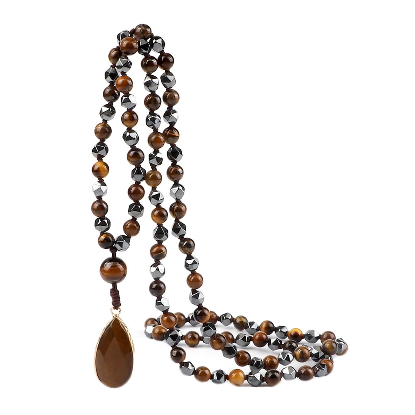 XJBTBA Braccialetti per la Famiglia Braccialetti di Cristallo Pietre della Natura Spirituale Multistrato con Pendente a Goccia Perline tonde Bianche Intrecciate Elastiche 6mm 1 PZ per Matrimonio