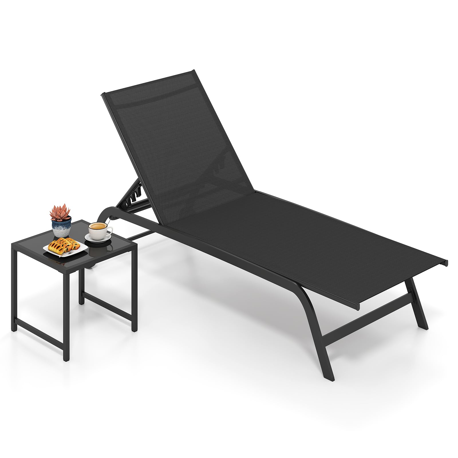 COSTWAY Garden Sun Lounger with Side Table, 6-Level Patio Recliner (Black)