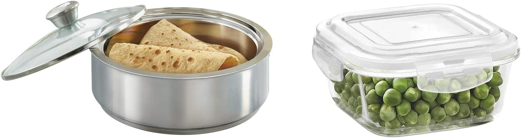 Borosil Stainless Steel Insulated Roti Server - 1.1L, Silver & Klip-N-Store Glass Storage Container for Kitchen with Air-Tight Lid, Microwave & Oven Safe, Square, 320 ml, Clear