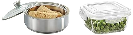 Borosil Stainless Steel Insulated Roti Server - 1.1L, Silver & Klip-N-Store Glass Storage Container for Kitchen with Air-Tight Lid, Microwave & Oven Safe, Square, 320 ml, Clear