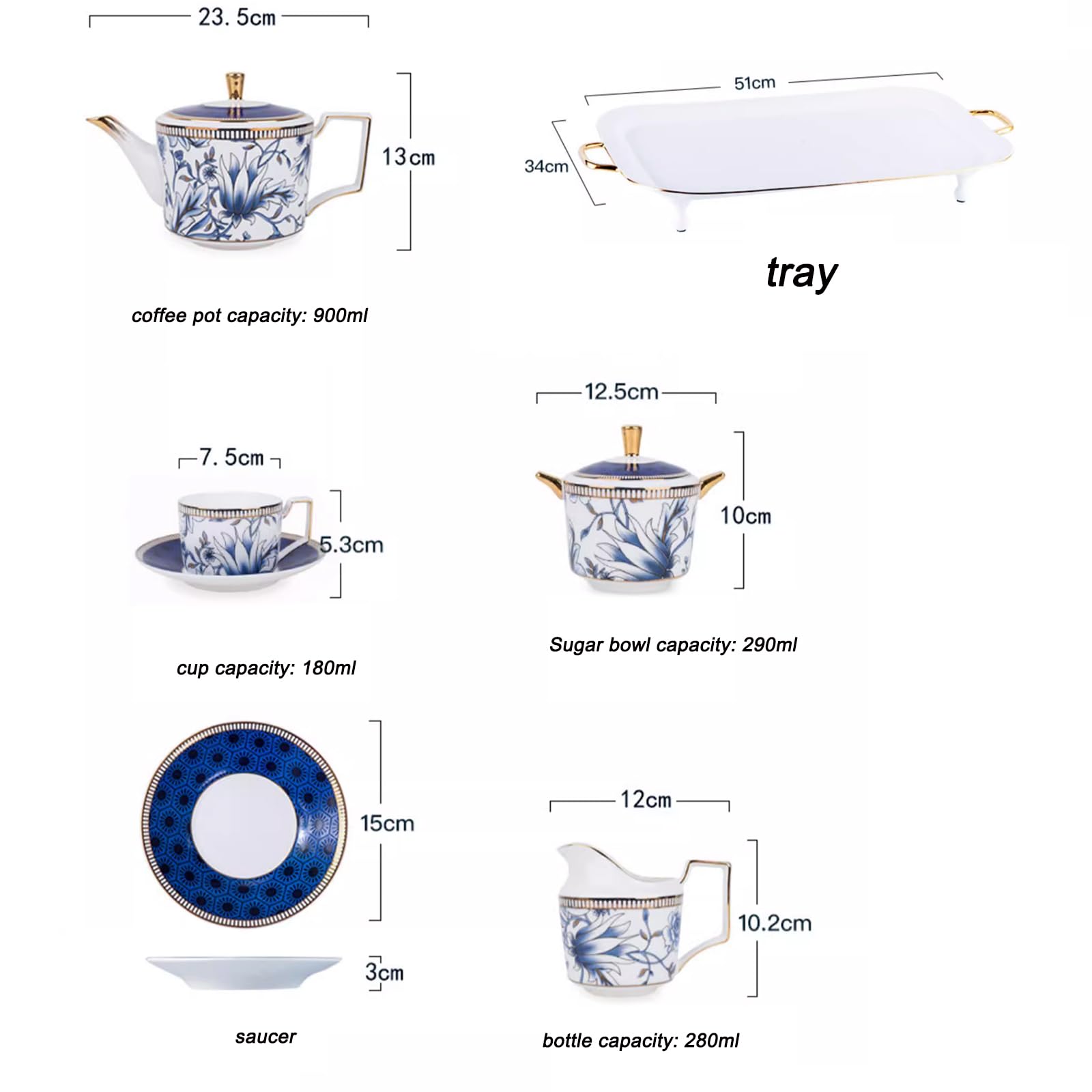 FfiMe 10 tazas de porcelana china con bandeja, platillo, juegos de té de cerámica inglesa blanca simples a juego con cucharas y caja de regalo, para decoración de sala de estar, juego de té de la