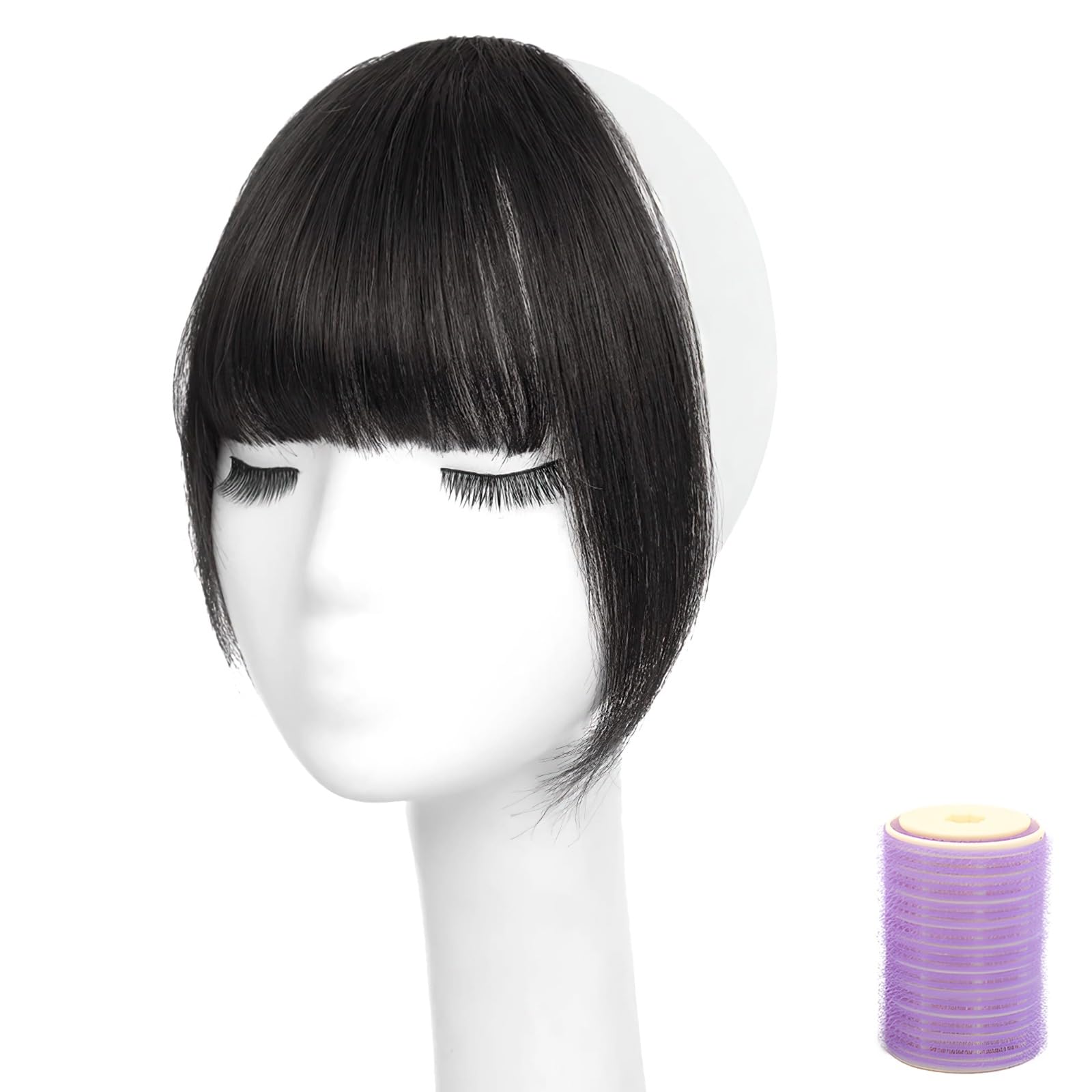 Clip-in-Haarteil mit Pony, Echthaar, Dunkelbraun Schwarz, 25 cm Pony für Damen, inklusive Lockenwickler, unsichtbare Integration, natürlicher Look