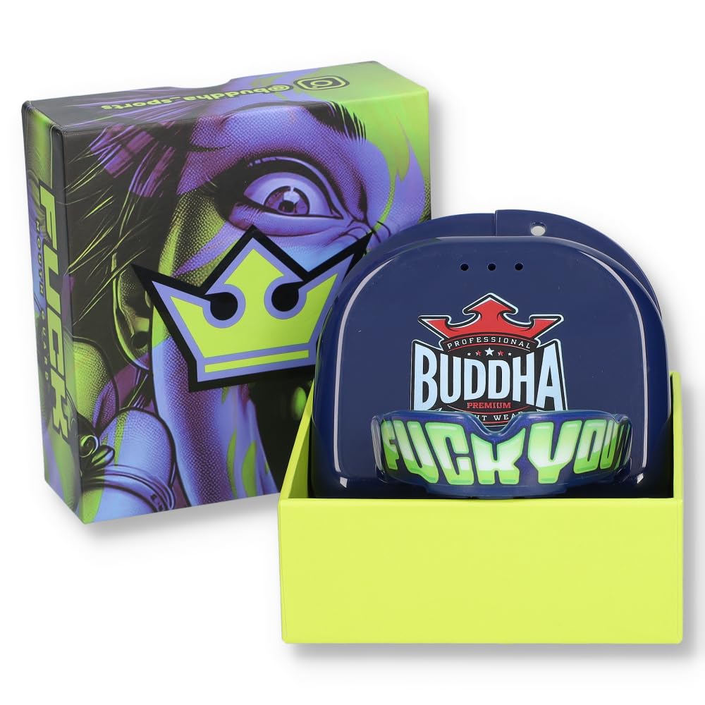 BUDDHA FIGHT WEAR Protector bucal Premium adultos y niños +12 Años para deportes de contacto rugby MMA kickboxing judo hockey boxeo Azul-Amarillo