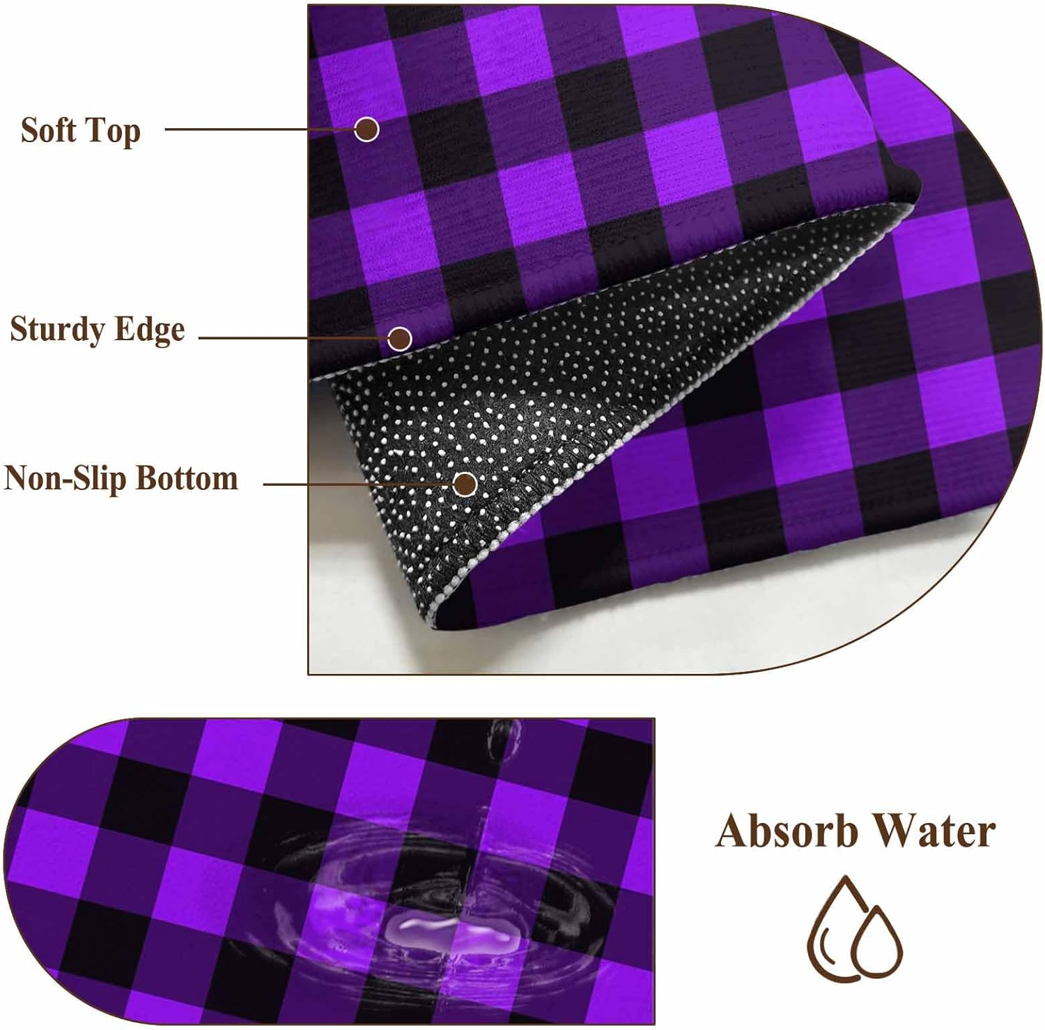 DecorLovee Small Round Rug 3Ft Washable Non-Slip, Black Purple Plaid Circle Area Rugs for Living Room Bedroom, Farmhouse Simple Buffalo Checked Indoor Floor Mats Carpet Runner for Home Decor