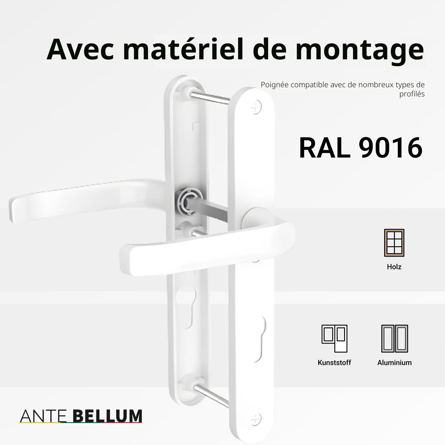 Ante bellum Set de Poignées de Porte Extérieur - Poignée en Aluminium pour Portes d'Entrée Principales et Secondaires, incl. Carré et Vis de Fixation, Optique Moderne, Montage Facile(Blanc Trafic)