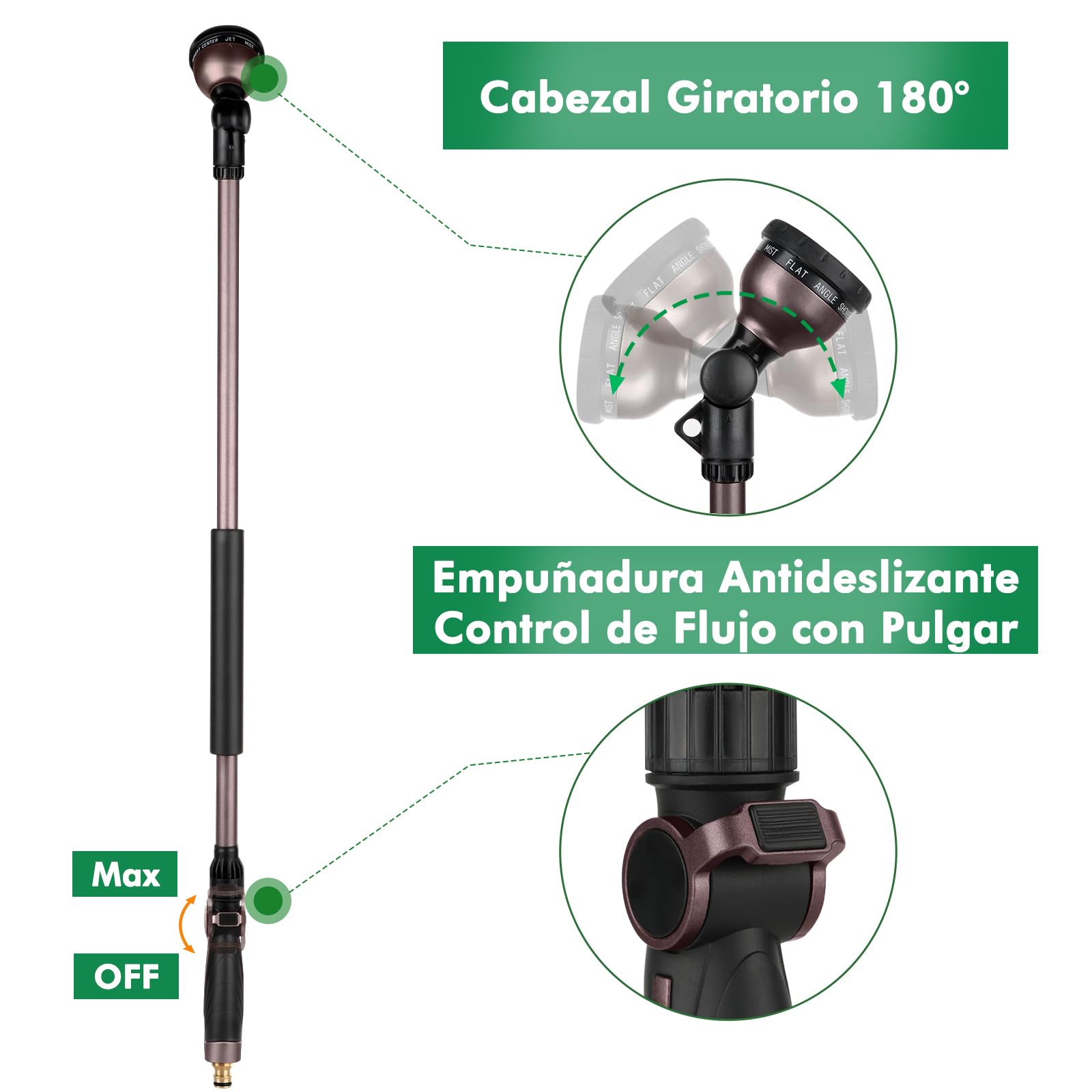 RESTMO 92 cm Lanza de Riego para Jardín de Metal, Largo Ultra Pistola de Riego con Cabezal Giratorio a 180°, 10 Modos de Pulverización Ajustable, Ideal para Macetas Colgantes y Arbustos, Negro