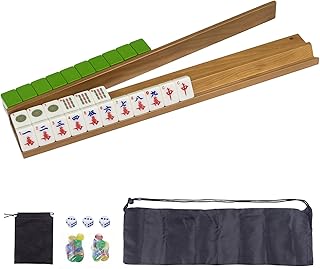 Wooden Mahjong Racks Set with Detachable Magnetic Pushers, 4 Racks & 4 Pushers, Includes Chips, Dice & Storage Bags – Mahjong Tile Holders for Family Game Nights