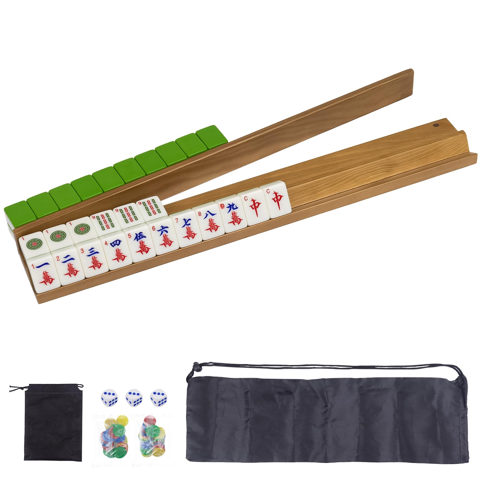 Photo 1 of DigNew Wooden Mahjong Racks Set with Detachable Magnetic Pushers, 4 Racks & 4 Pushers, Includes Chips, Dice & Storage Bags – Mahjong Tile Holders for Family Game Nights