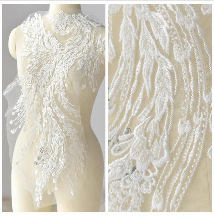 WATDEE Heavy Beading Embroidery Feather Lace Flowers Wedding Dress Headdress Handmade DIY Handmade Decorative Lace Accessories 1 Piece