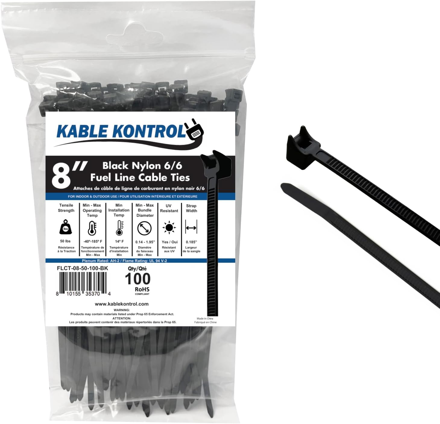 Kable Kontrol Radius Clamp Head Fuel Hose Cable Ties, 4 Inch 100 Pcs, 18 Lbs Tensile Strength, Nylon UV & Chemical Resistant Hose Clamp Zip Ties for Indoor, Outdoor, and Industrial Use - Black