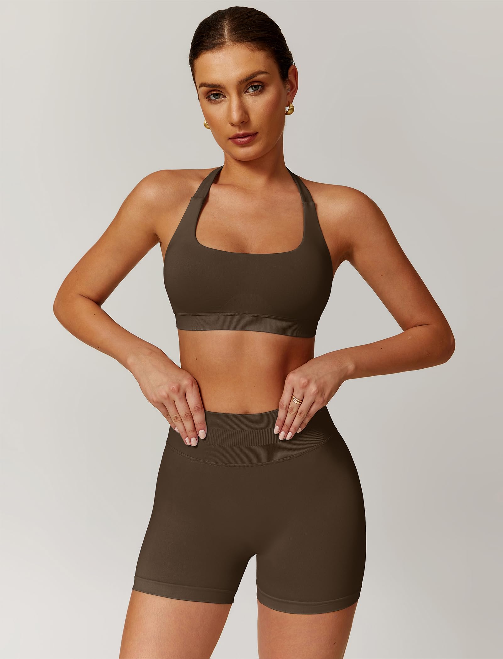 Odizli Sujetador deportivo para mujer + pantalones cortos de cintura alta, dos piezas, gimnasio, entrenamiento, yoga, fitness, ropa deportiva