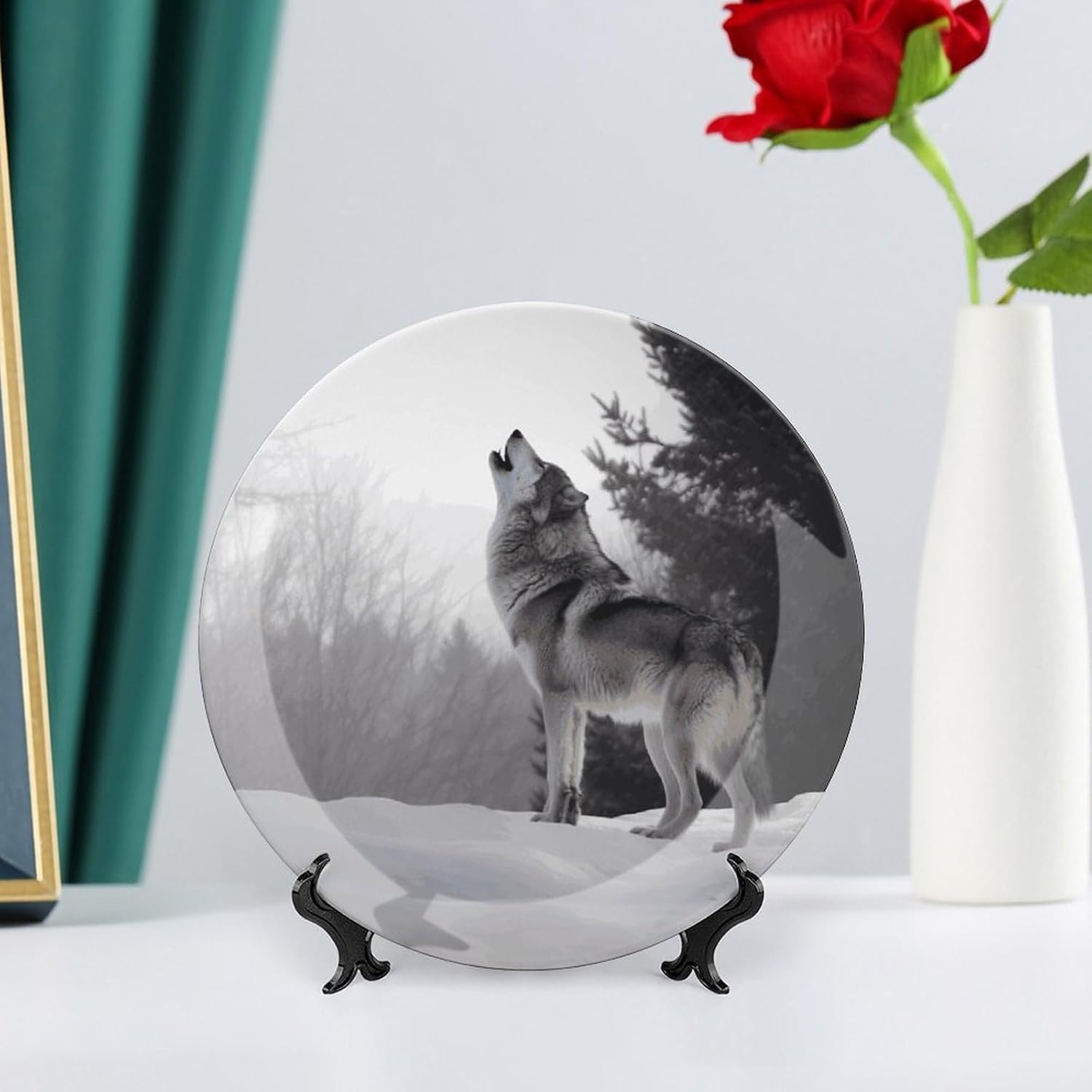 Howling Wolf Bone China Decorative Plate with Display Stand, Ceramic Ornaments Plate for Wall Hanging, Personalized Porcelain Plates for Office, Living Room 8inch