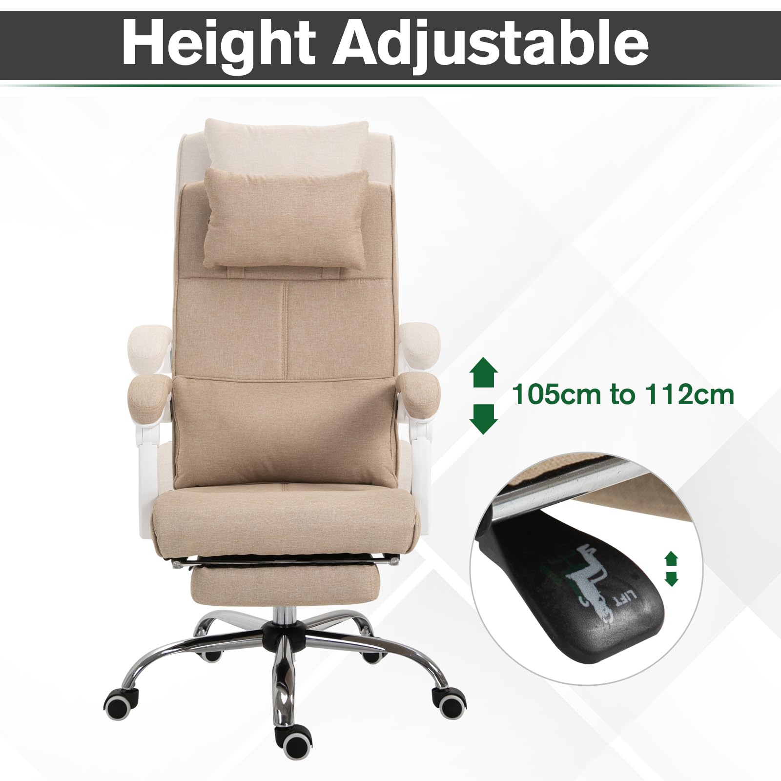 HOMCOM Silla de Oficina, Silla de Oficina, ergonómica con reposapiés retráctil, Respaldo reclinable, tetina y Soporte Lumbar, Regulable en Altura, Tela Beige