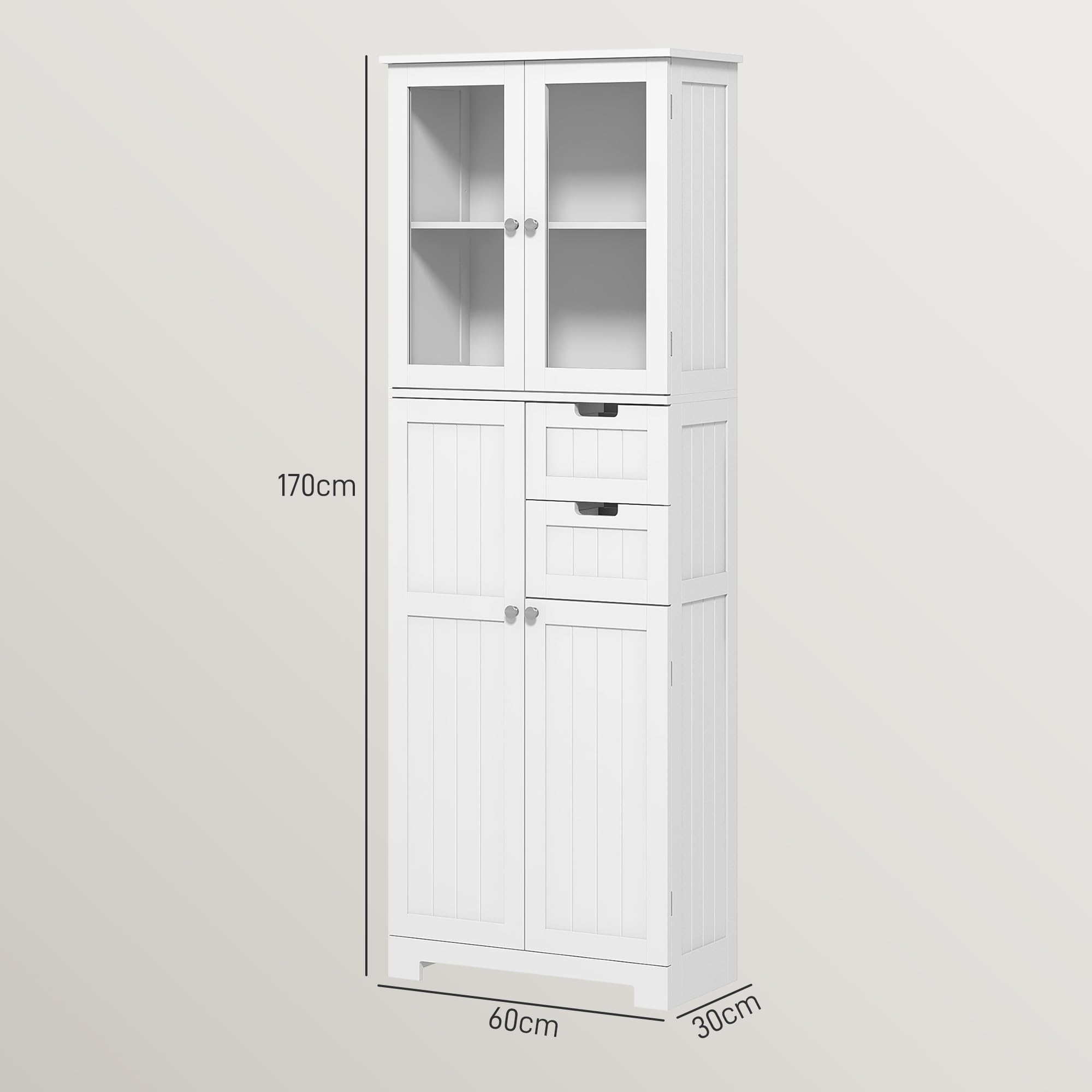 HOMCOM Meuble de Salle de Bain Haut, Meuble de Rangement, Colonne Salle de Bain avec 4 Portes Dont 2 vitrées, 2 tiroirs et étagères réglables, Style Moderne, pour Salon, Chambre, 60x30x170cm, Blanc