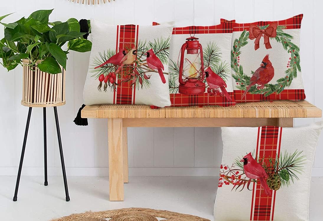 GAGEC Christmas Pillow Covers Set of 4 Christmas Cardinal Red Buffalo Check Farmhouse Throw Pillowcase Party Decorations Winter Home Decor Case for Sofa Couch