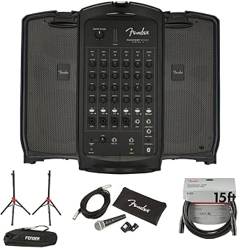 Fender Passport Event Series 2 Portable 375W Powered PA System Bundle with Fender Compact Speaker Stands, with Bag, P-52S Microphone Kit and Professional Series Cable 15