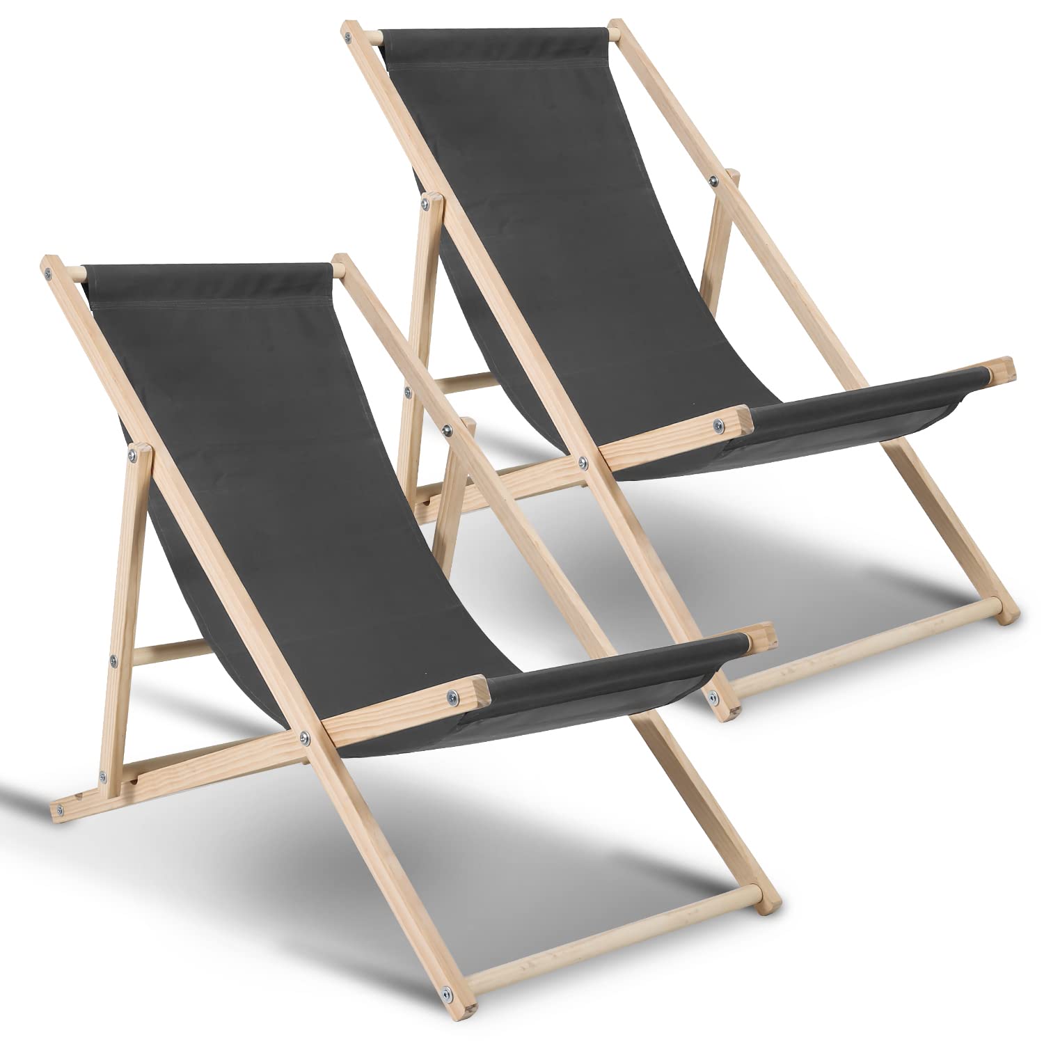 Lot de 2 chaises longues pliantes en bois - Charge maximale : 120 kg - Pour plage, camping, balcon, piscine, chaise pliante en bois, chaise longue de plage, résistante aux intempéries, grise