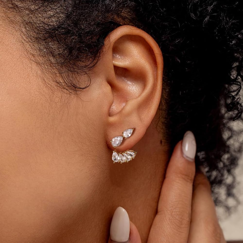 Gold Front and Back Stud Earrings Women's Trendy Cubic Zirconia Studs Dainty and Cute Multi-Shape Jewelry