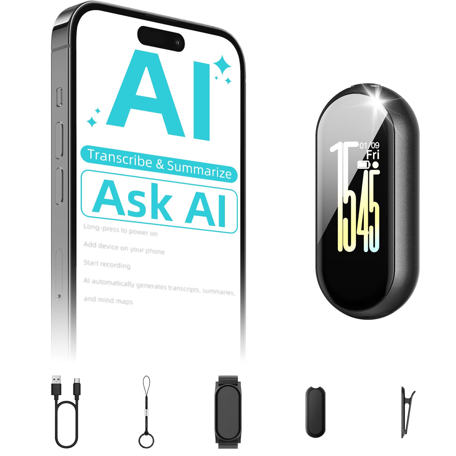 64GB Enregistreur Vocal IA avec Bouton Tactile Prise,4 Accessoires,Écran 1″
