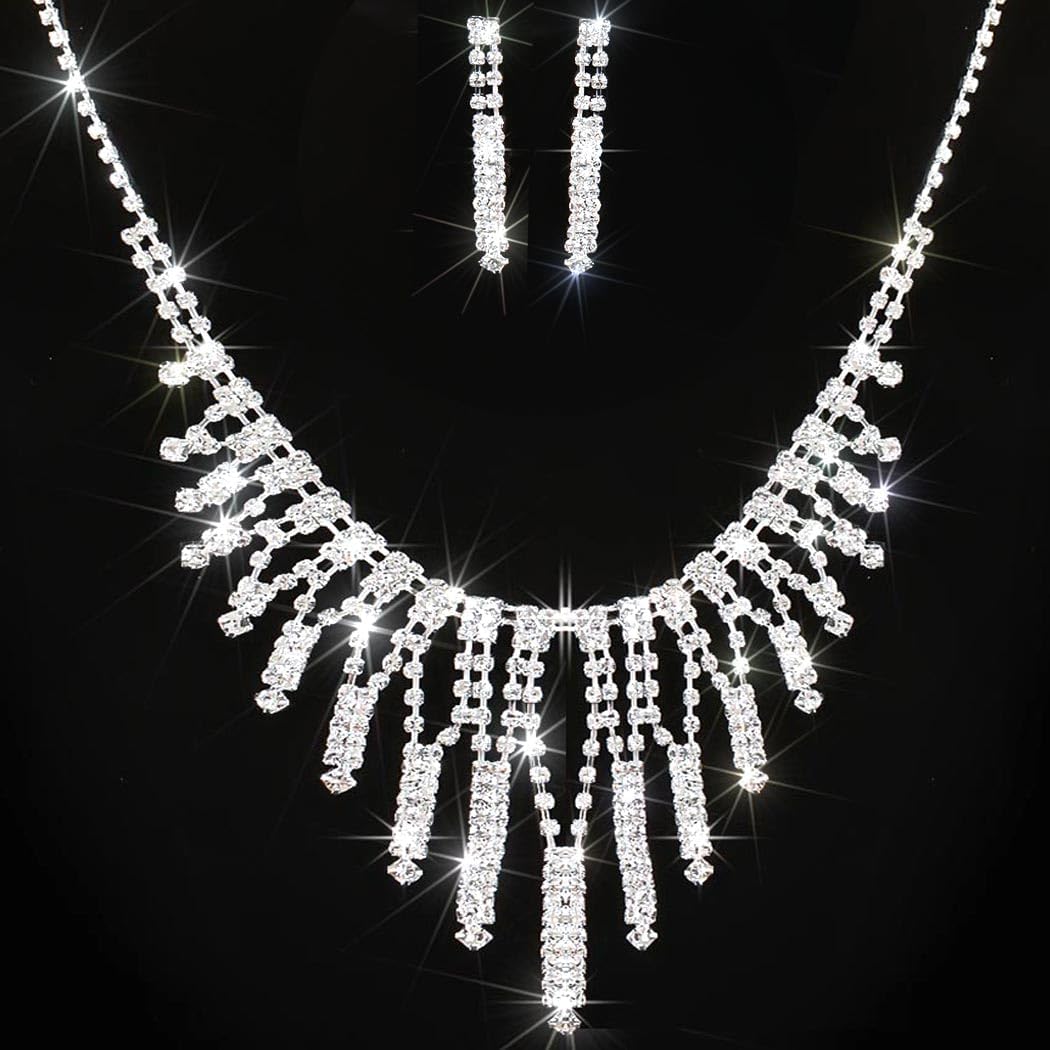 TWINKLEDE Silver Rhinestone Necklace Jewelry Set Wedding Prom Necklaces and Earrings for Women - Image 2