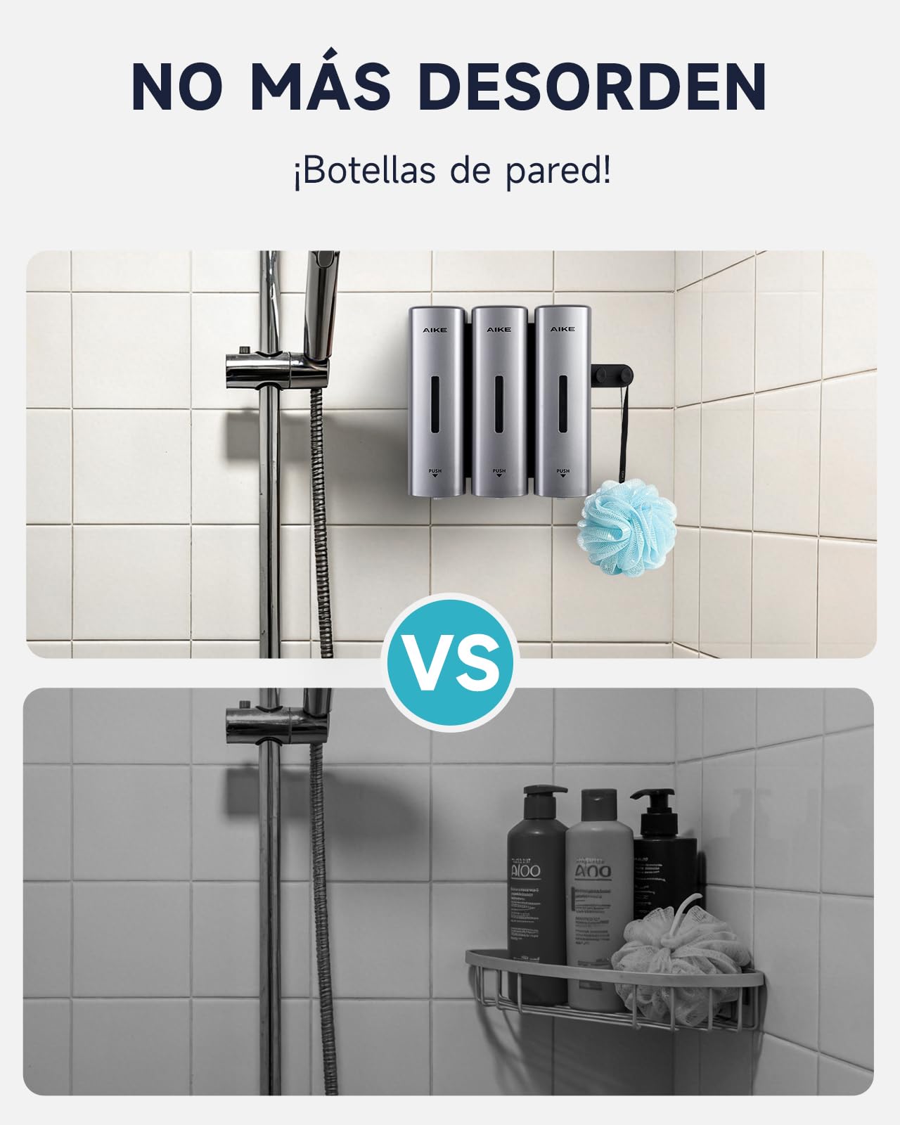 AIKE EasyPush Dispensador De Ducha, Montaje De Pared Sin Taladro para Champú & Acondicionador, Ahorra Espacio, Triple