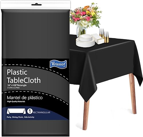Miniatura 7 de Paquete de 12 manteles de plástico negro de 54 x 108 pulgadas, manteles de plástico para mesas rectangulares, manteles desechables para fiestas,