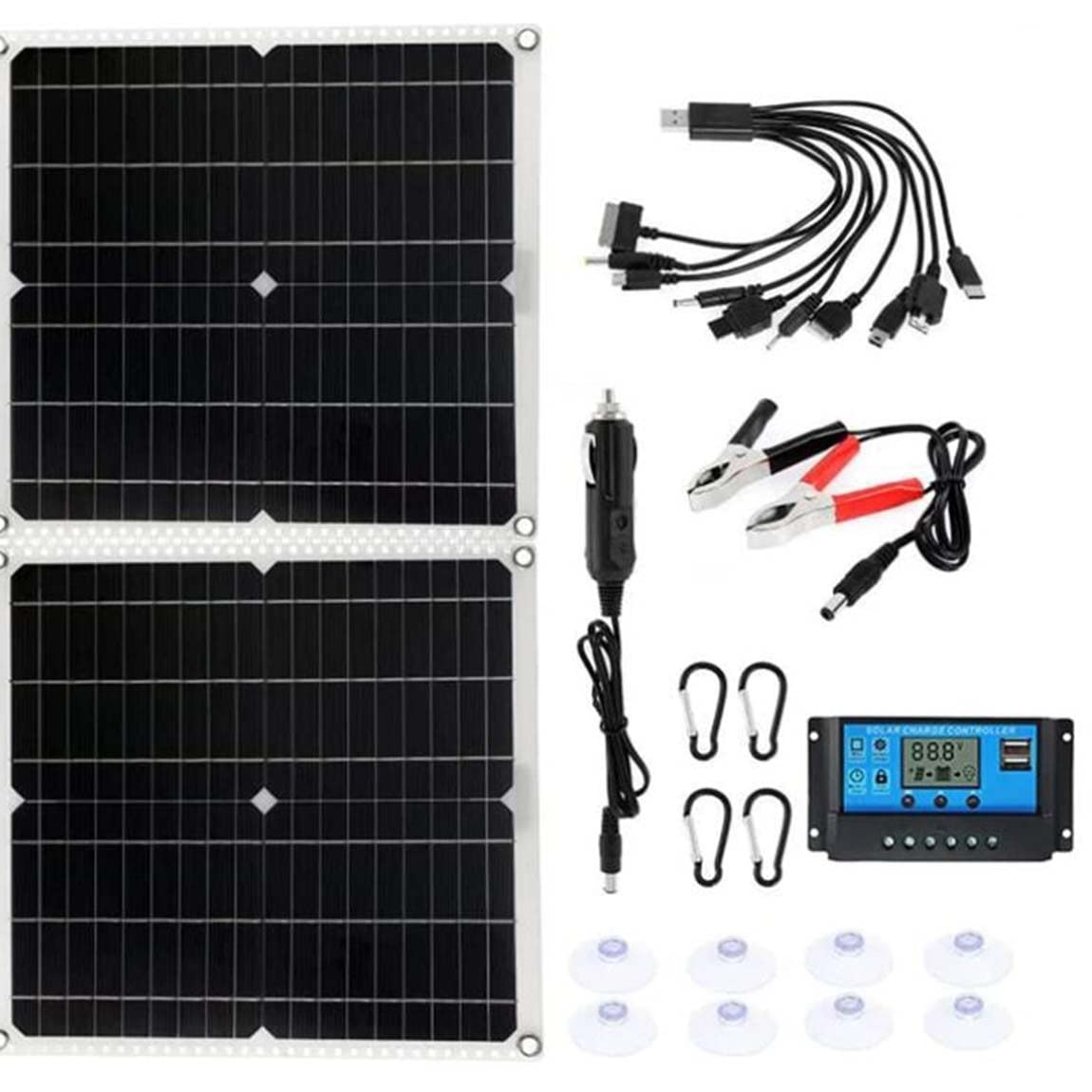 Zestaw paneli słonecznych, panel słoneczny 100 W, 18 V, przenośny zestaw paneli słonecznych, monokrystaliczna, wodoodporna, składana ładowarka solarna z 2 wyjściami USB do kampera, przyczepy kempingowej, kampera, łodzi, kontrolera 30 A