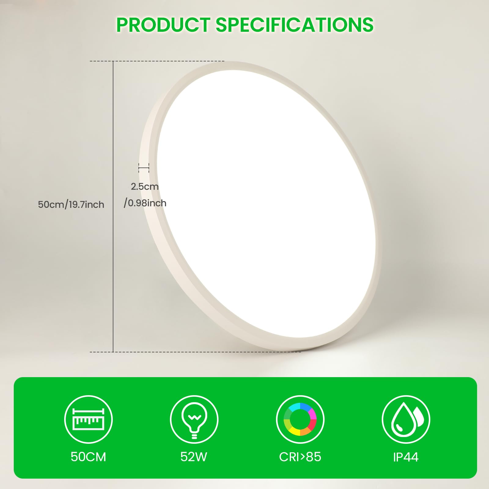OTREN Ściemnialna lampa sufitowa LED 52 W 5200 lm z pilotem zdalnego sterowania i aplikacją, tryb nocny, timer i pamięć, 3000 K–6500K, wodoodporna IP44, do łazienki, kuchni i sypialni, 50 cm