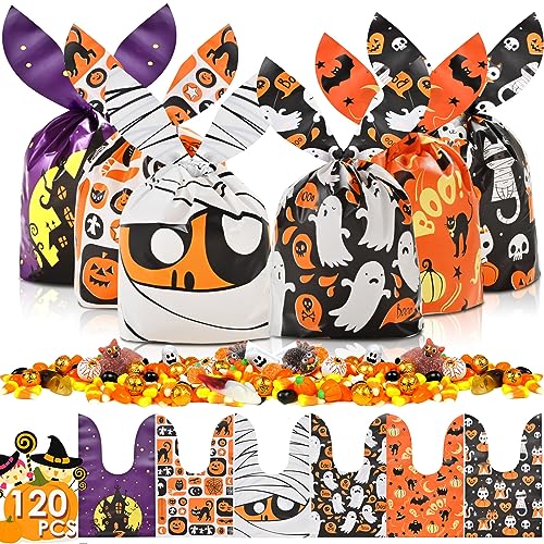 AhfuLife 120Pcs Sacs Bonbons et Cadeaux Halloween - Forme Oreilles de Lapin - Pour Friandises et Biscuits - Fournitures Fête la Nuit d'Halloween (Zombie)