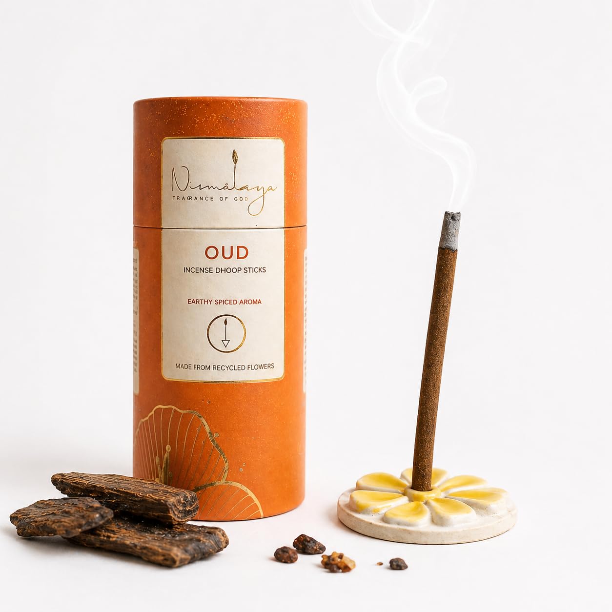 Nirmalaya Premium Oudh Bambooless Dhoop Sticks (40 Sticks) with Ceramic Stand Sacred Temple Flower | 100% Charcoal-Free | for Pooja, Meditation, Yoga & Home Fragrance