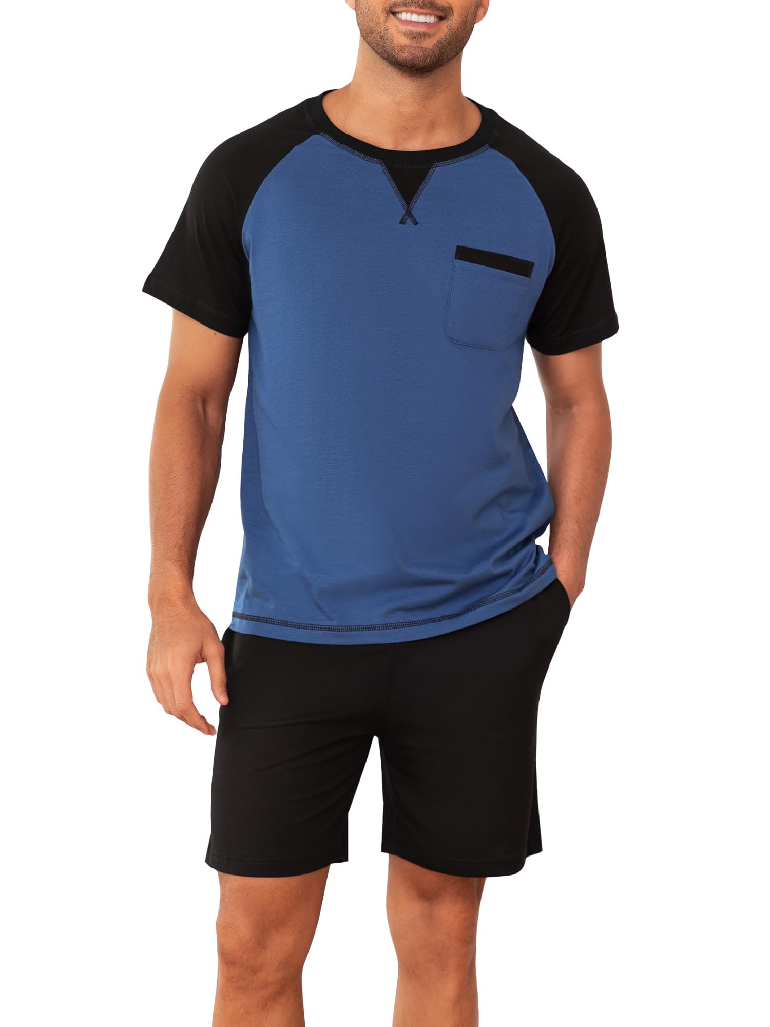Winovia Herren Schlafanzug Kurz aus 100% Baumwolle - Sommer Pyjama Set mit Raglan-Ärmeln, Zweiteiliger atmungsaktiver Hausanzug für Männer, Nachtwäsche mit Brusttasche & Kordelzug