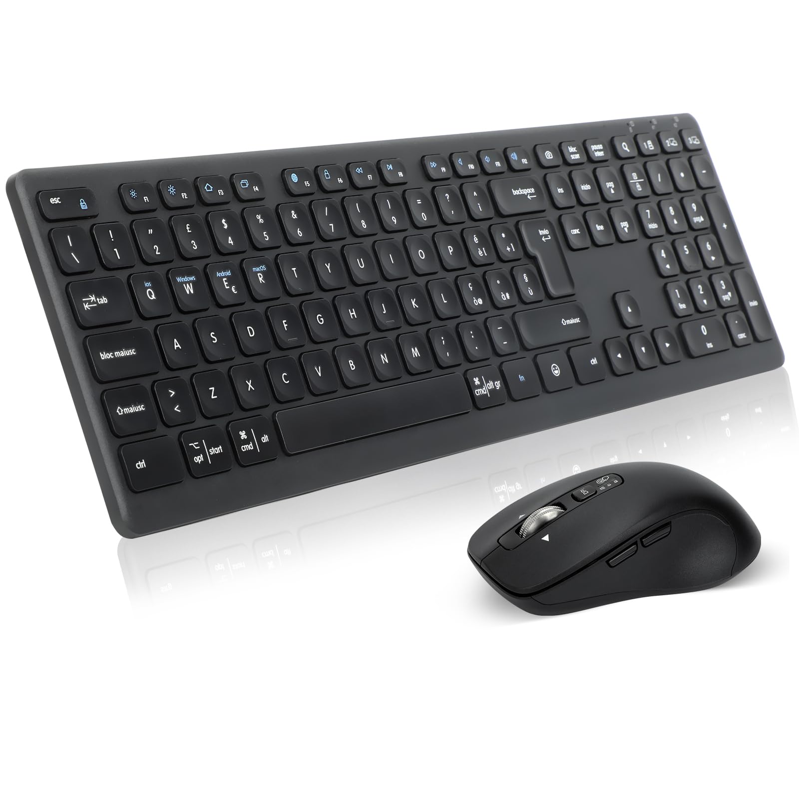 CITLLA Combinazione wireless di tastiera e mouse M9300, ricevitore USB 2-in-1 e due Bluetooth, tastiera silenziosa multi dispositivo, adatta per computer, laptop, uffici e lavoro
