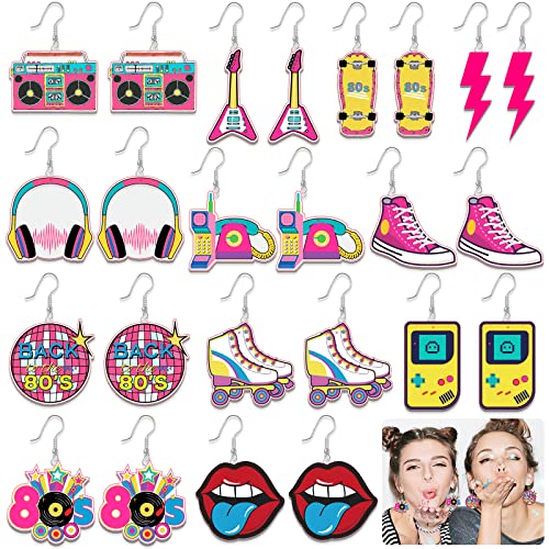 12 Pairs 80s Retro Earrings 1980s Neon Earrings for Women 80s Costume Earrings Pendant Acrylic Drop Dangle Retro Jewelry Accessories for Women Ladies Gift
