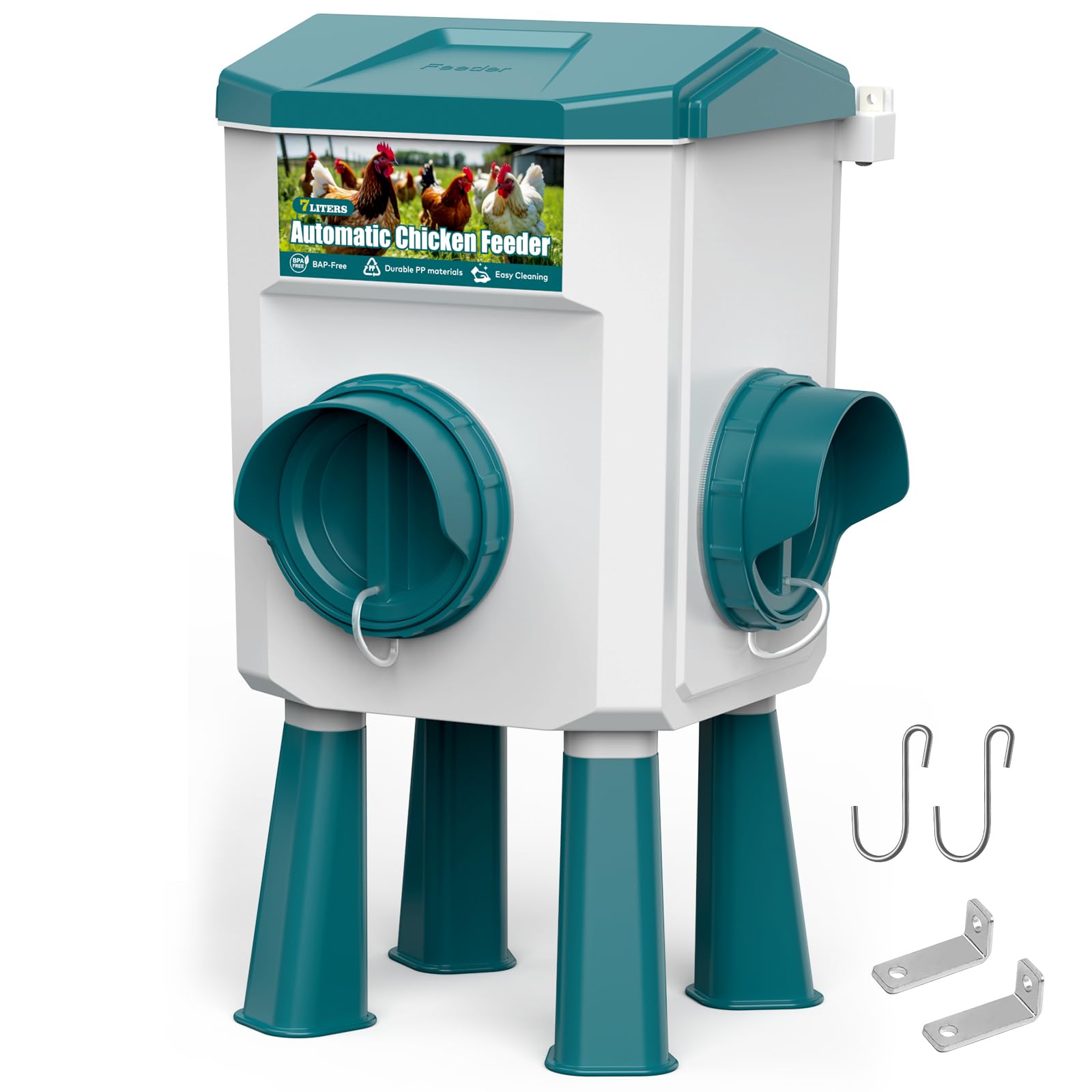 CHAMUTY Mangeoire Poules Automatique Anti Nuisible 7kg | Distributeur Graines Poules avec Sans Gaspillage 2 Ports, Mangeoire Automatique Poule pour Poulets, Canards, Oies, Oiseaux