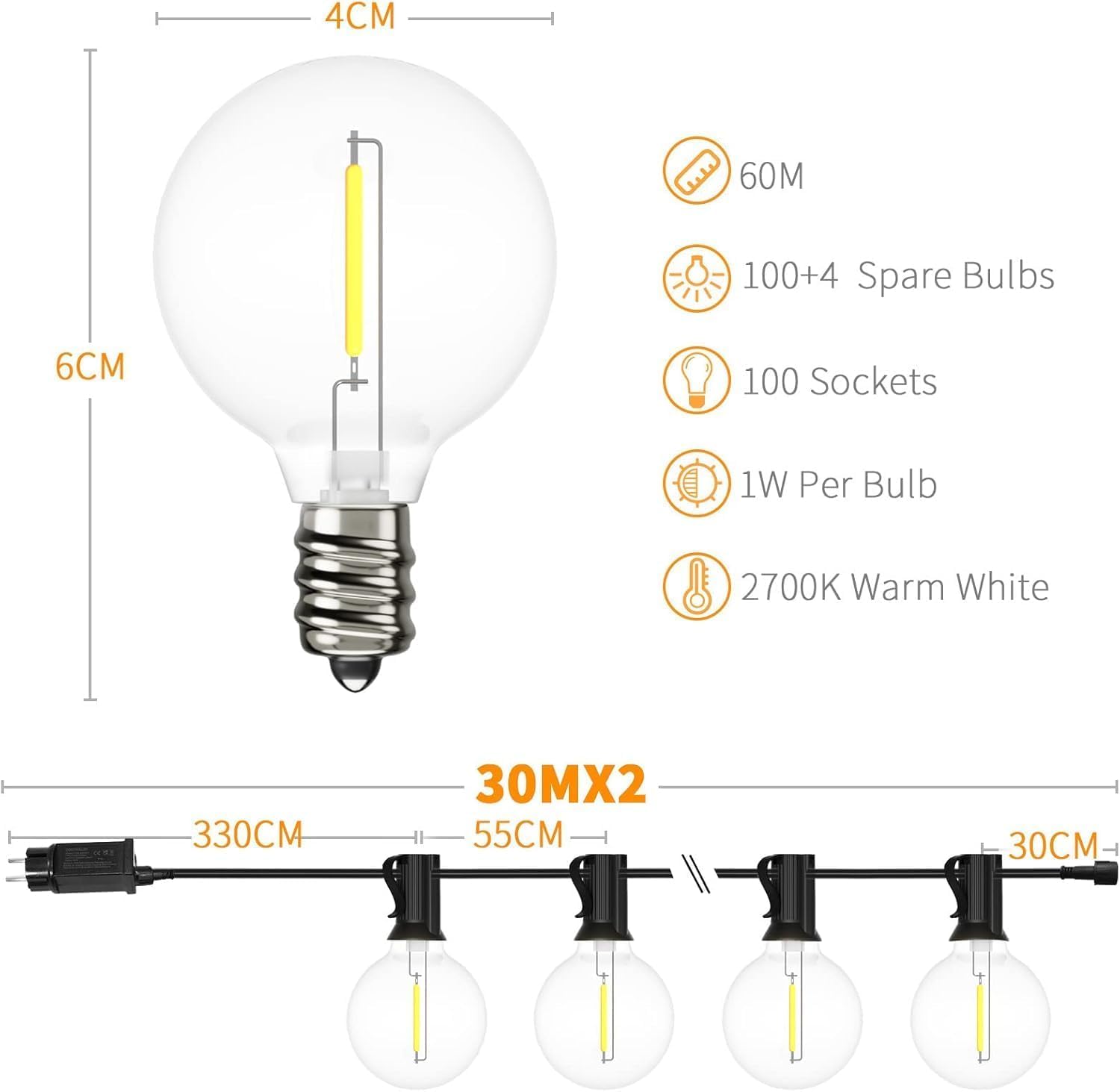 60M Lichterkette Außen Dimmbar, 200FTLED G40 Outdoor Lichterkette mit Fernbedienung, 100+4 Plastikbirne Wasserdicht Hängende Glühbirnen Lights für Terrasse, Garten, Party 2700kWarmweiß