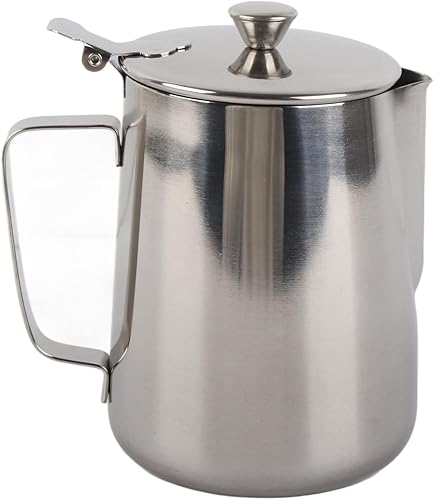 Jarra de espuma de leche, taza de acero inoxidable para espuma de leche para café, taza vaporera de leche con tapa y asa, taza de arte de café con