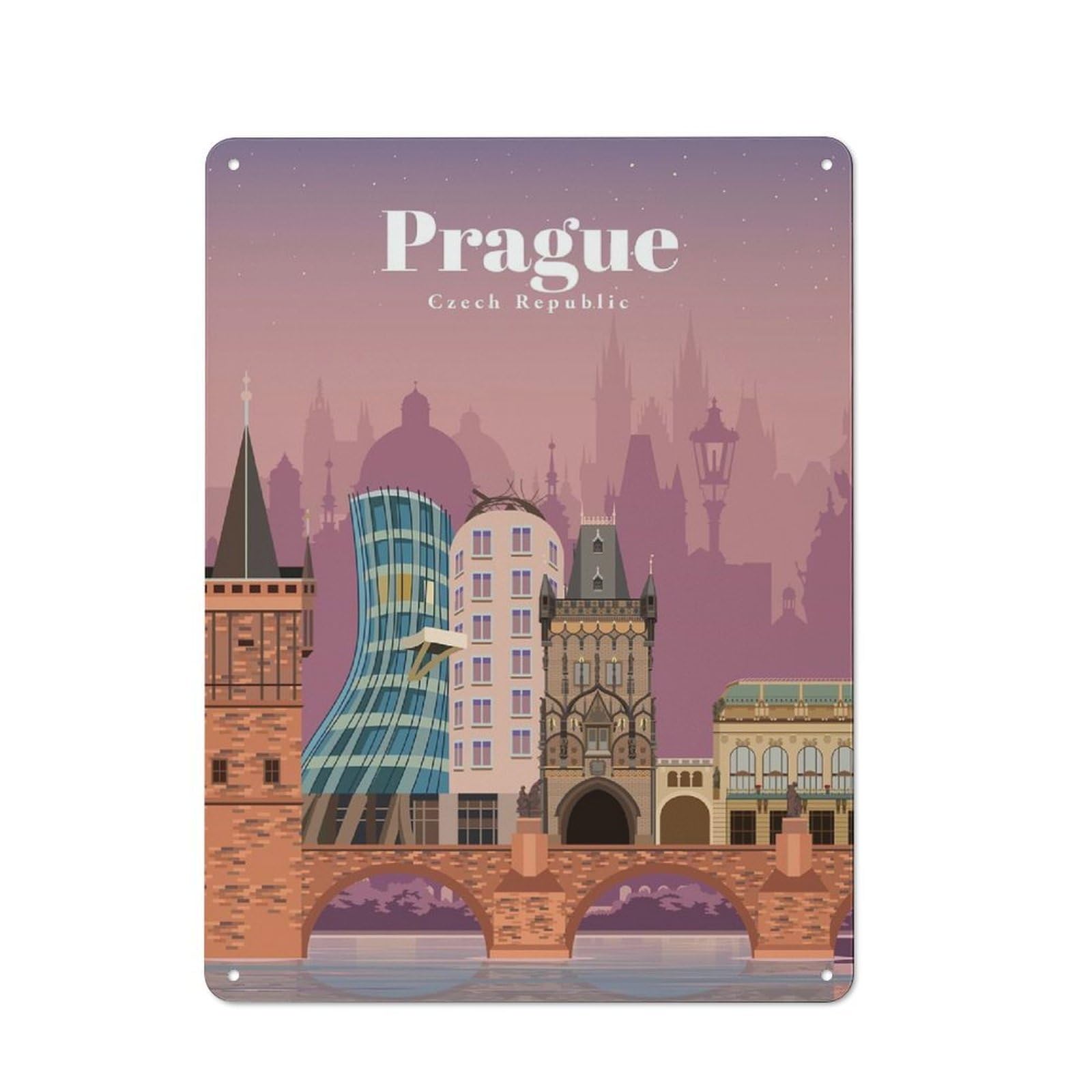 Junmoney Travel To Prague Modern Vintage Metal Wall Decor 40X30cm, Office Metal Sign For Office, Study, Studio Or Hallway