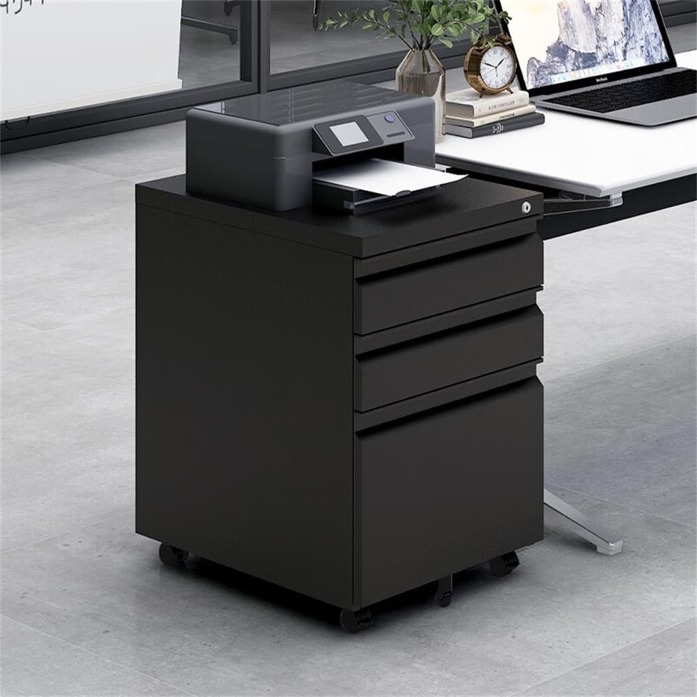 23.62" H 3-Drawer Mobile File Cabinet with Lock, Letter Sized Office Storage Filing Cabinet, Metal Filing Cabinet for Office Study Meeting Room, Black