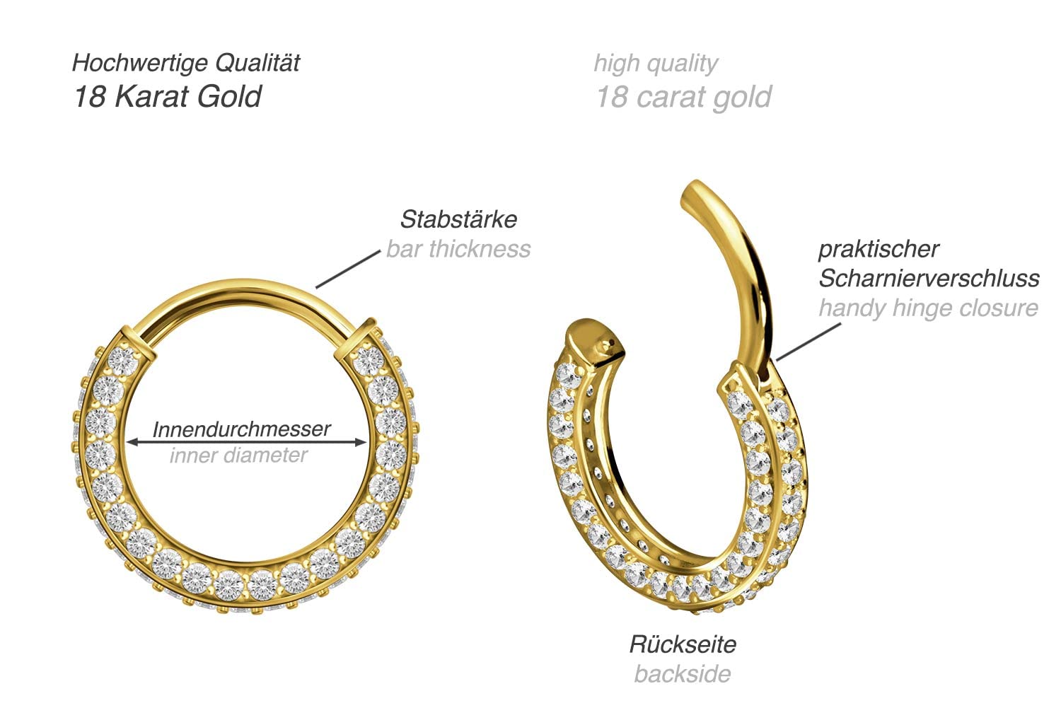 PIERCINGLINE 18 Karat Gold Segmentring Clicker | Piercing Ring Septum Helix Tragus | Farben & Größenauswahl | Kristallrand