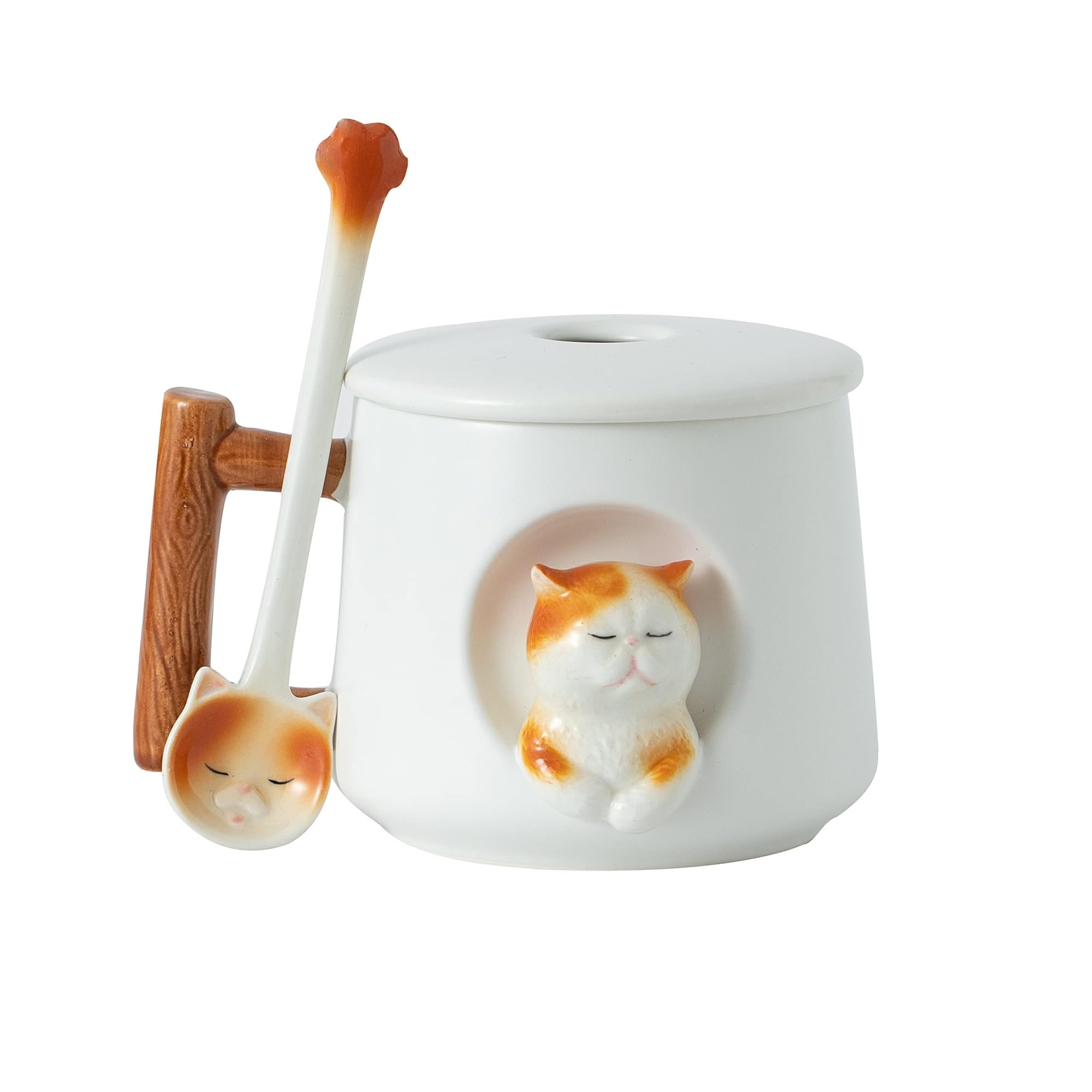 THE WHITE SHOP Ceramic Coffee Mug with Lid and Matching Spoon,Novelty 3D Cat Pattern Mug,Perfect Gifts-14 Ounces (Color : White)