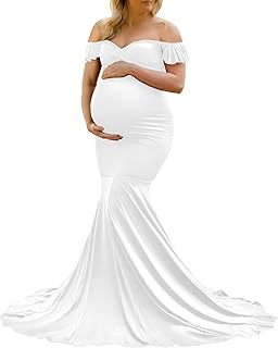 Saslax Off Shoulder Ruffle Sleeves Elegant Fitted Maxi Maternity Dress for Photoshoot Baby Shower - Buy now