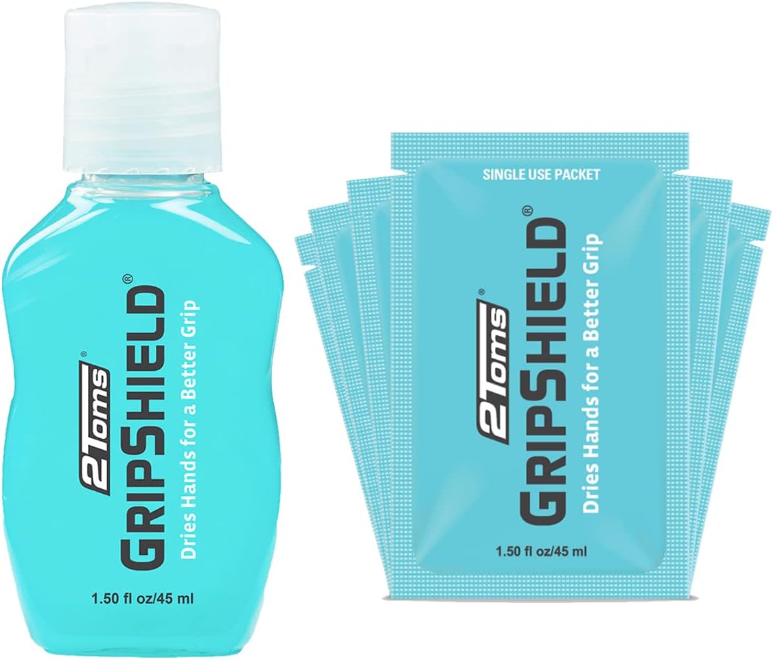 2Toms GripShield, Non-Sticky Grip Enhancer, Dry Grip Solution for Sweaty Hands, Tennis, Pickleball, Golf, Pole Dancing, and Gaming, Combo Pack, 1.5 Ounce Bottle and 6 Single-Use Packets