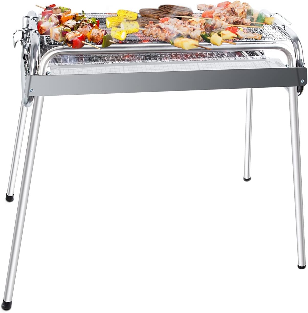 Uten Barbecue Grill, 430 Rustproof Stainless Steel Barbecue Grill, Two Heights Adjustable, Outdoor Charcoal BBQ for 5-10 Persons Family Picnic Garden Terrace Camping Travel Barbecue Party