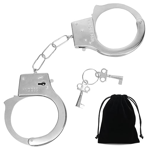 Metal Handcuffs with Key, Sturdy Durable Hand Cuffs with Velvet Storage Bag, Game Props Handcuffs Adult Bedroom for Role Cosplay Halloween Party Supplies