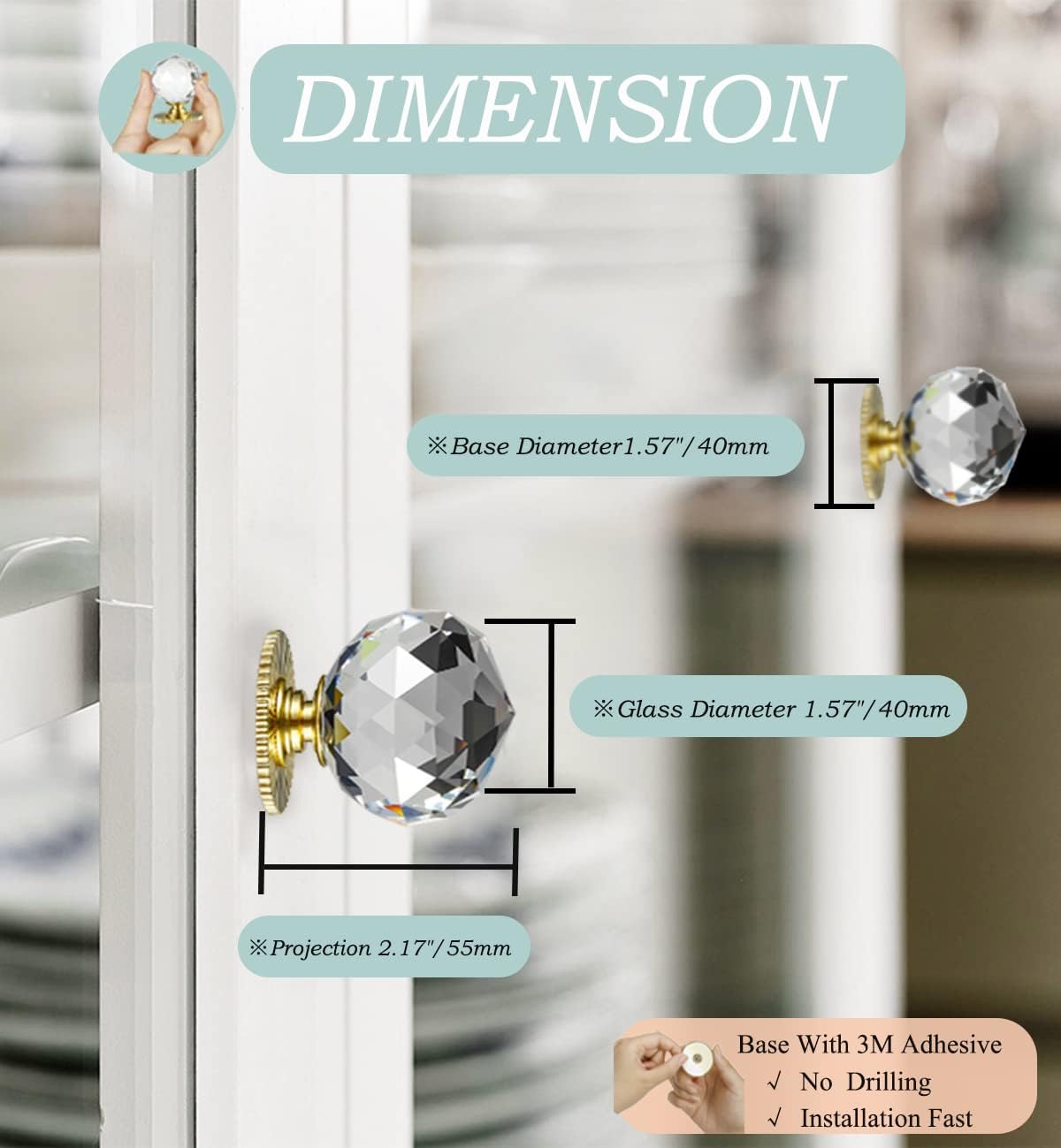 Stargallery Round Crystal Self Stick Knobs 1-3/5 Inch 40mm Diameter Crystal Knobs Cabinet Knobs Replacement Knob with Adhesive for Cabinet Mirror Cupboard Window Glass Sliding Door Drawer (4, Gold)