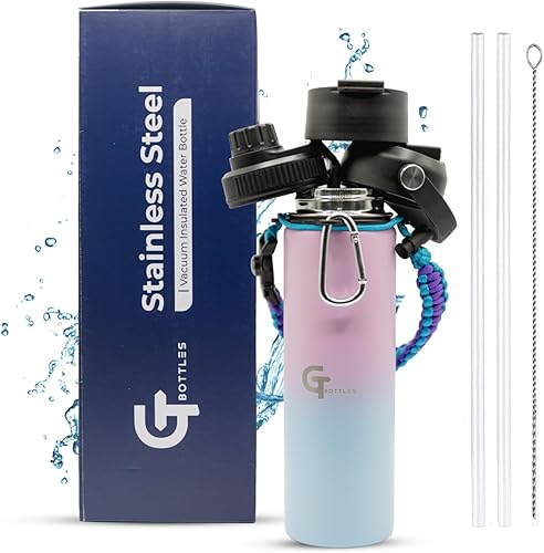 Miniatura 31 de Botella de agua de boca ancha aislada al vacío de acero inoxidable de 25 onzas con 3 tapas y mango de paracaídas para bebidas calientes y frías